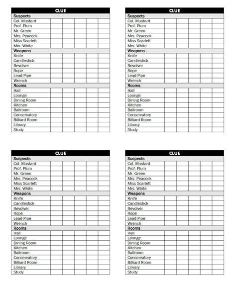Clue Game Sheet Printable