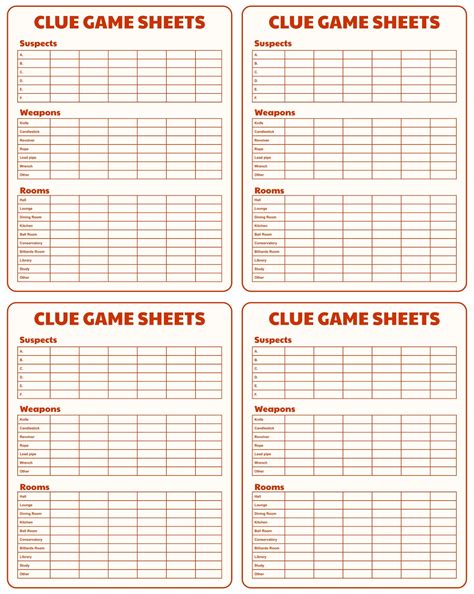 Clue Printable Game Sheets
