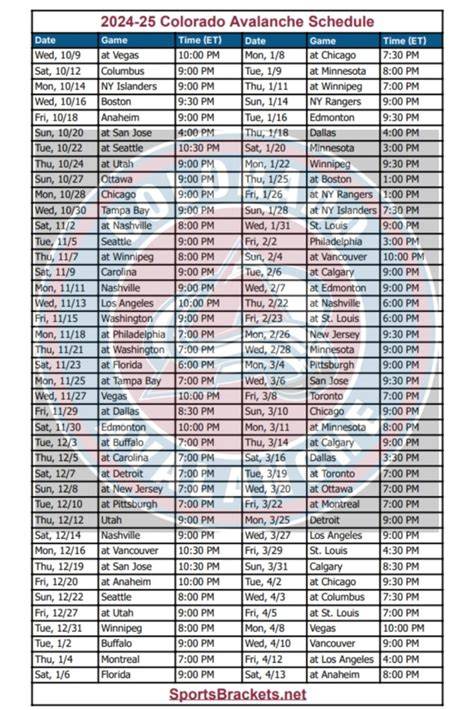 Colorado Avalanche Schedule 2024 25 Printable