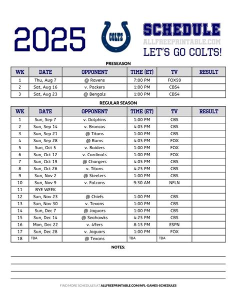 Colts Football Schedule Printable