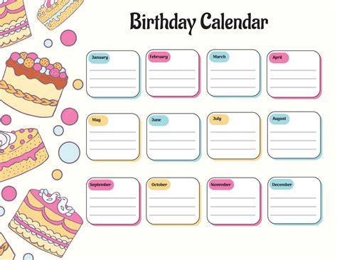 birthday calendar printable