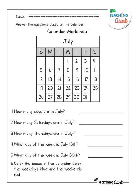 kindergarten calendar worksheets