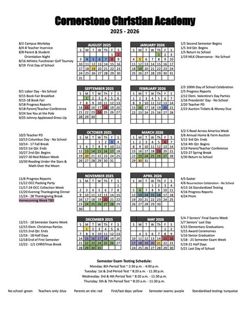 Cornerstone Christian Academy Calendar