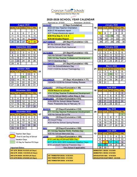Cranston School Calendar