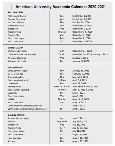 american university academic calendar