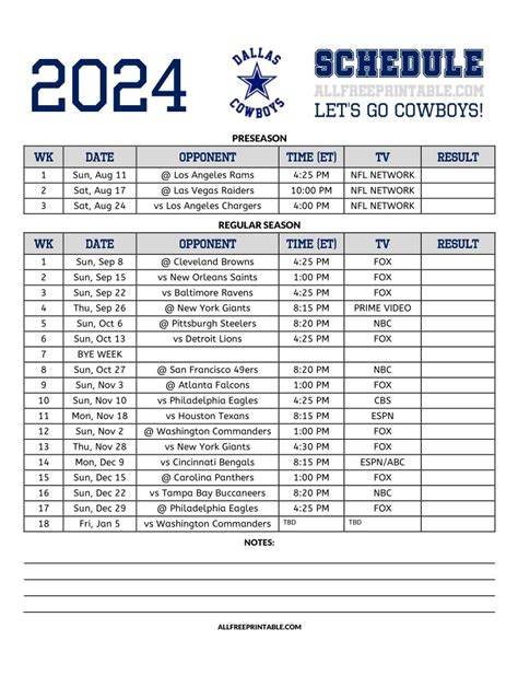 Dallas Cowboys 2024 Printable Schedule