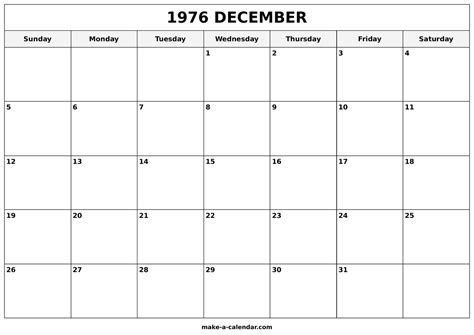 December 1976 Calendar
