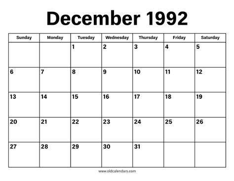 December 1992 Calendar