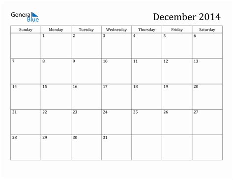 December 2014 Monthly Calendar