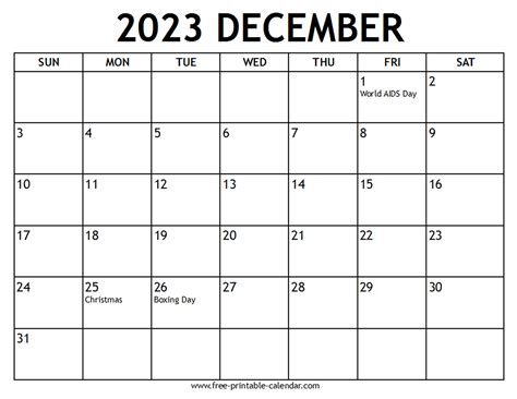 December Calendar For 2023