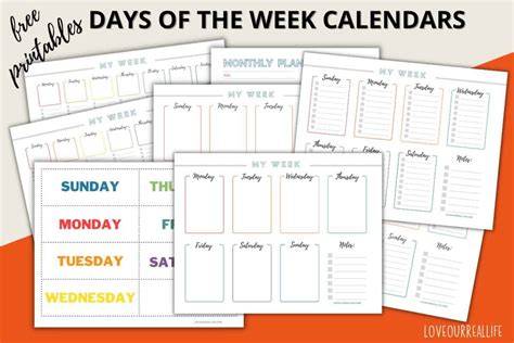calendar days of the week printables