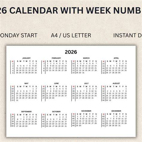 calendar with numbered weeks
