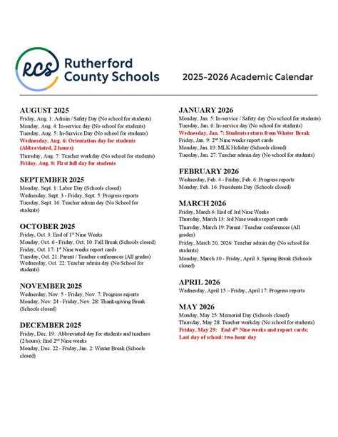 rutherford county school calendar