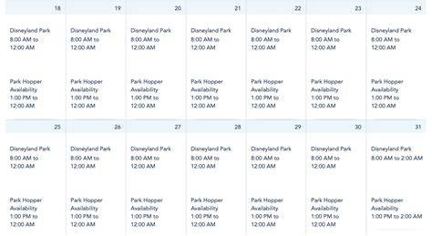 Disneyland Park Hours Calendar