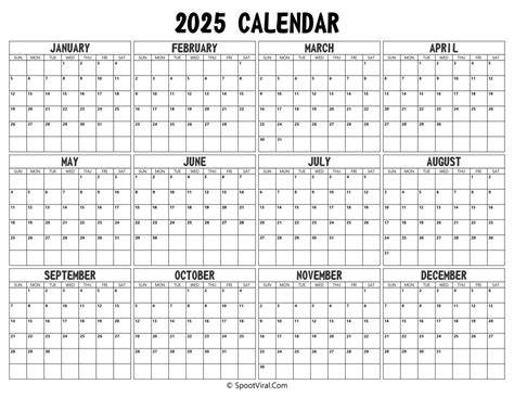 2025 yearly calendar printable one page
