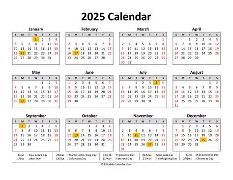 2025 calendar with holidays printable