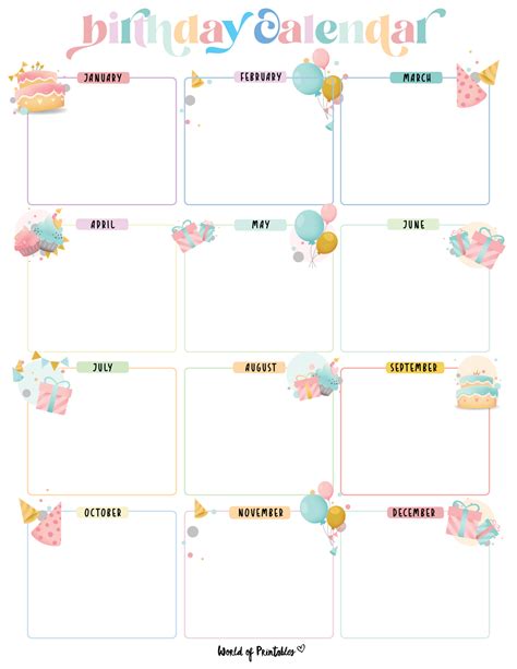 birthday calendar printable