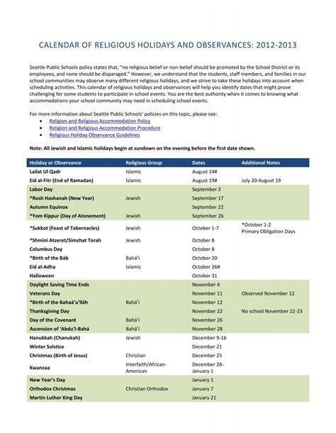 calendar of religious holidays