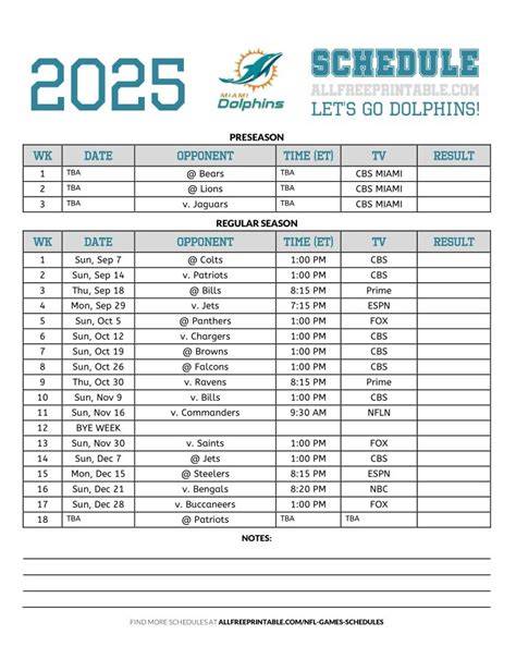 Dolphins Printable Schedule