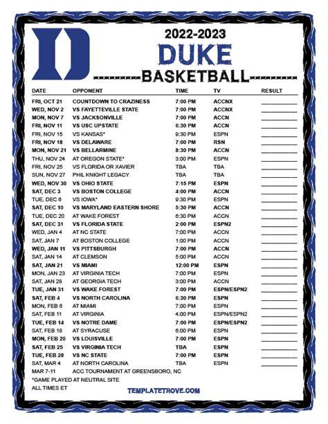 Duke Men S Basketball Schedule Printable