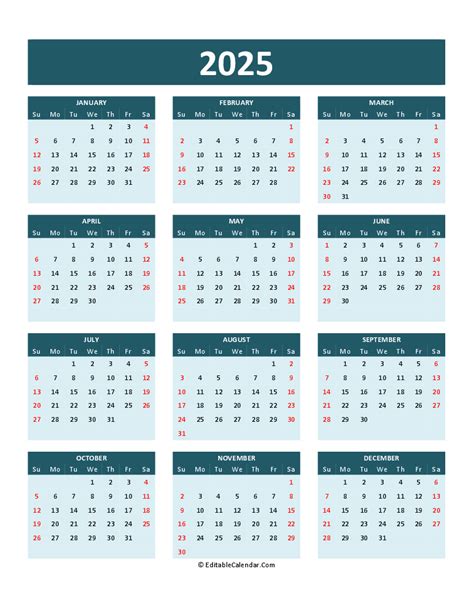 2025 one page calendar