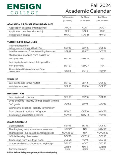 Ensign Academic Calendar