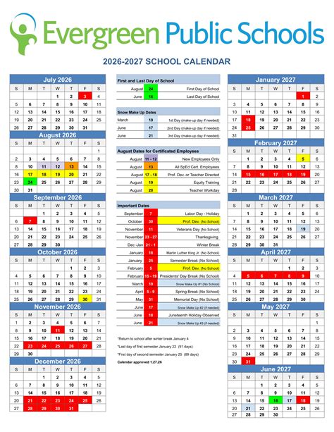 Evergreen Schools Calendar