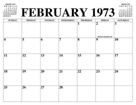 Feb 1973 Calendar