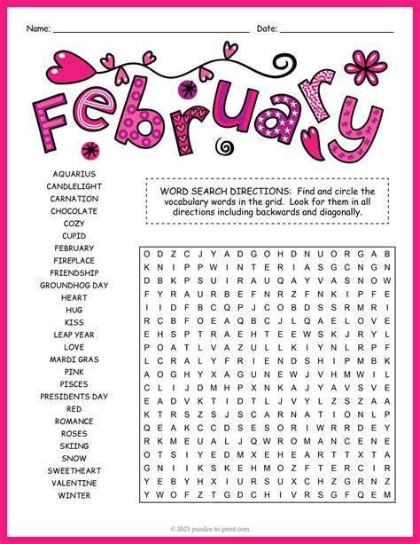 February Word Search Printable