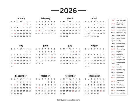 2026 calendar with holidays