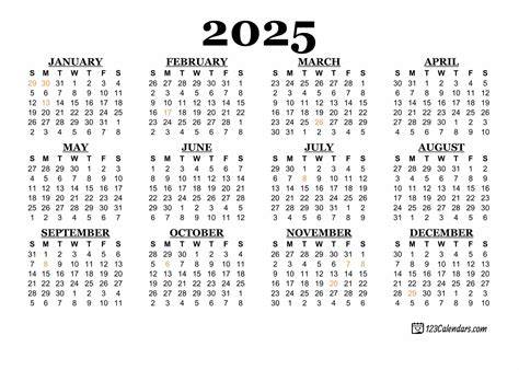 year calendar 2025 printable