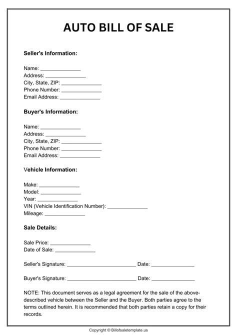 Free Printable Auto Bill Of Sale
