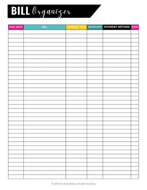 Free Printable Bill Organizer