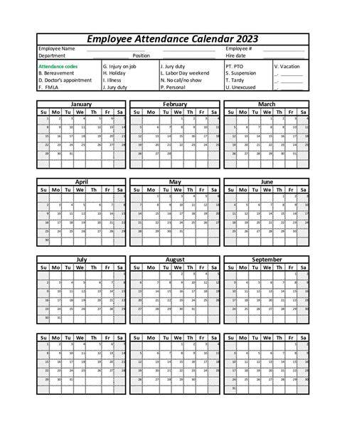 Free Printable Employee Attendance Calendar 2025