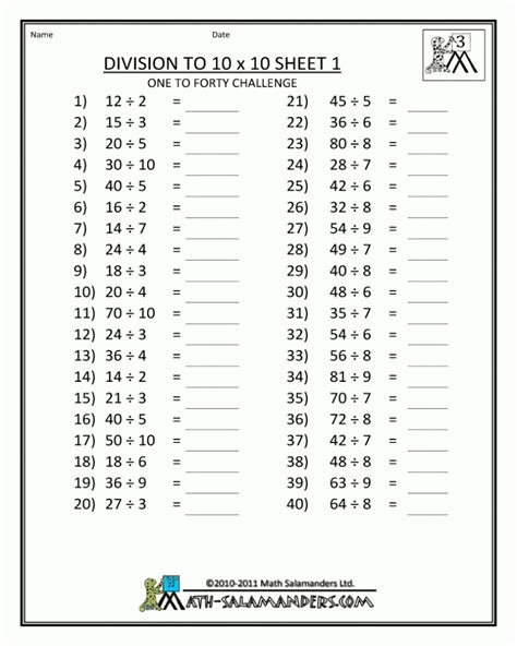 Free Printable Math Worksheets Division