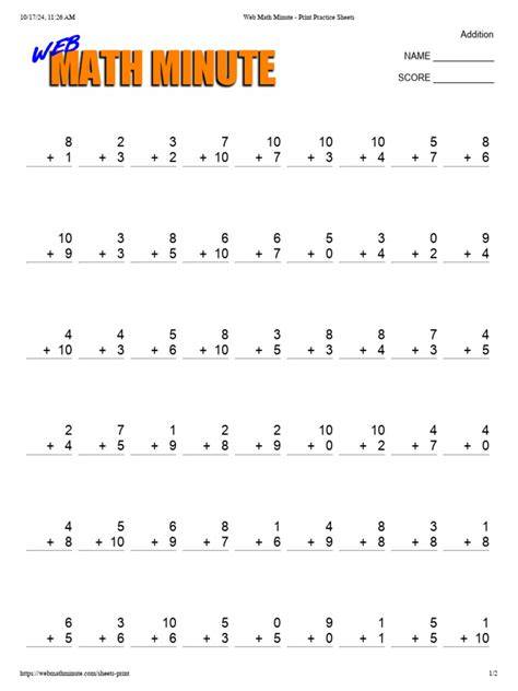 Free Printable Minute Math Worksheets