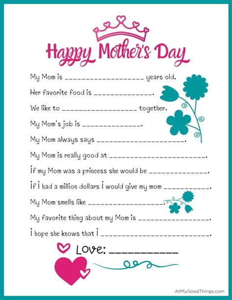 Free Printable Mother S Day Questionnaire