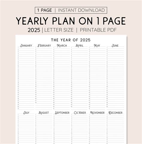 2025 yearly calendar printable one page