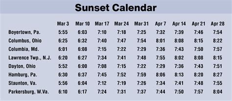 sunset calendar new york