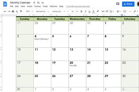Google Docs Calendar
