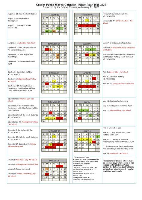 Granby Public Schools Calendar