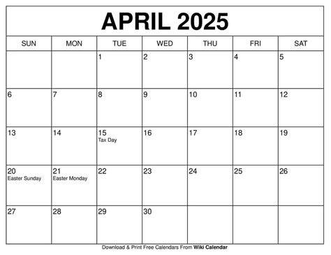 april 2025 calendar printable