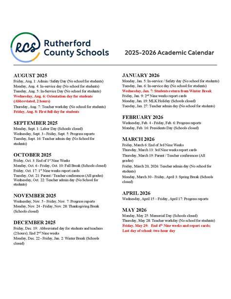 rutherford county school calendar