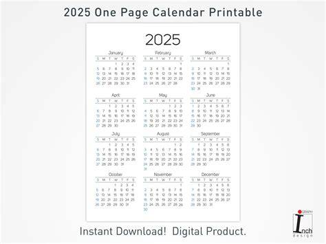 2025 one page calendar