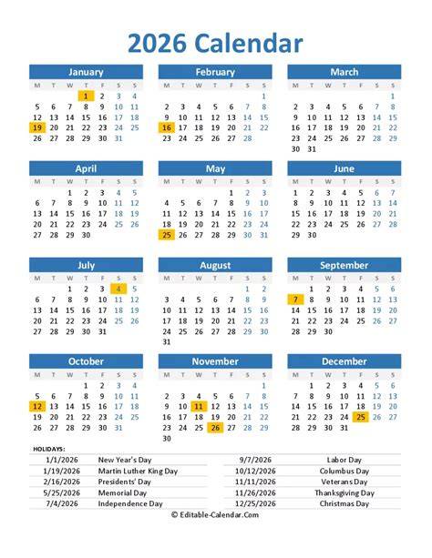 2026 calendar with holidays