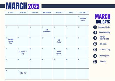 march 2025 calendar with holidays