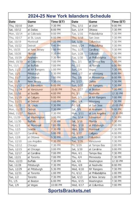 Islanders Schedule Printable