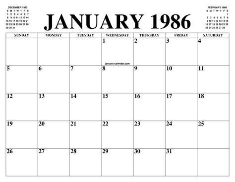 Jan 1986 Calendar