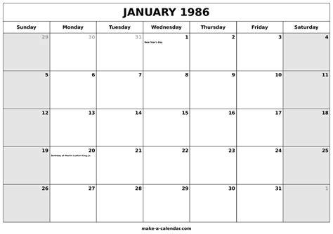 January 1986 Calendar