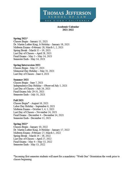 Jefferson University Academic Calendar